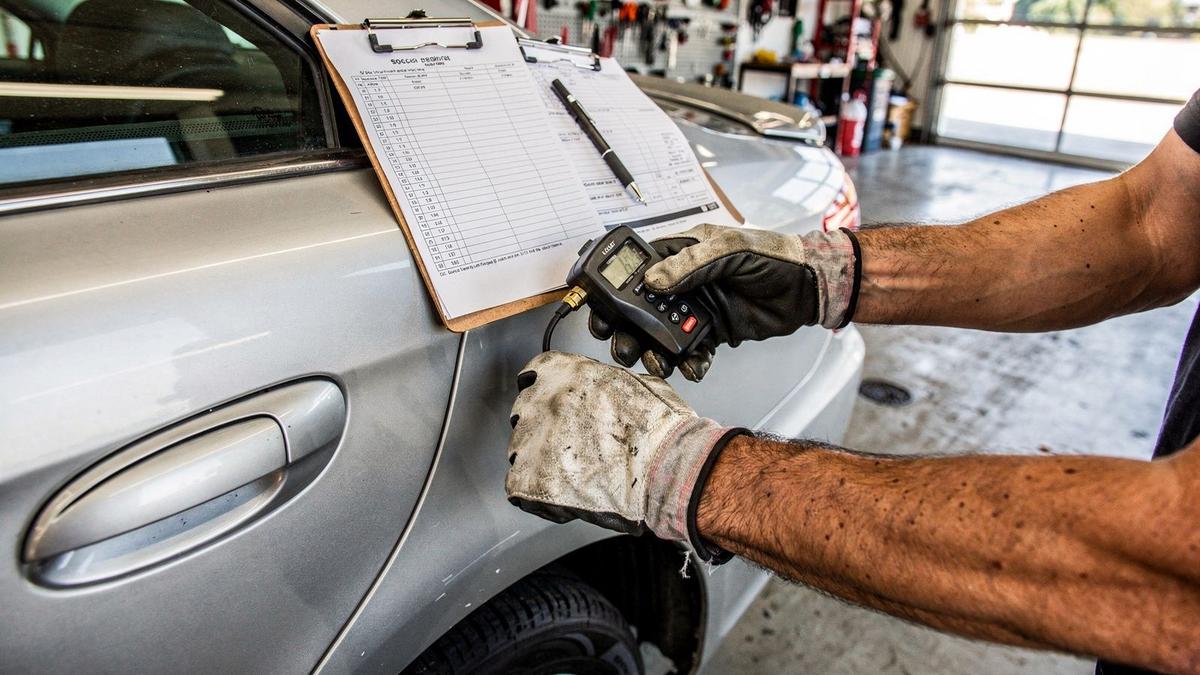 Inspector measuring paint thickness on the rear quarter panel of a used sedan