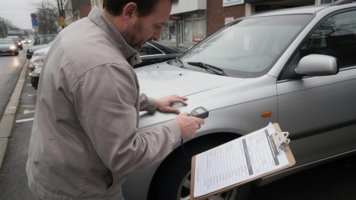 Inspector measuring paint thickness on a used car body panel with a gauge