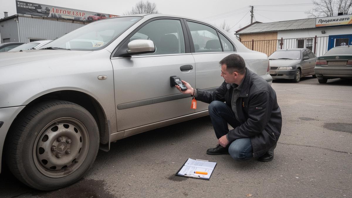 Inspector measuring paint thickness on the front door of a used car during an on-site inspection